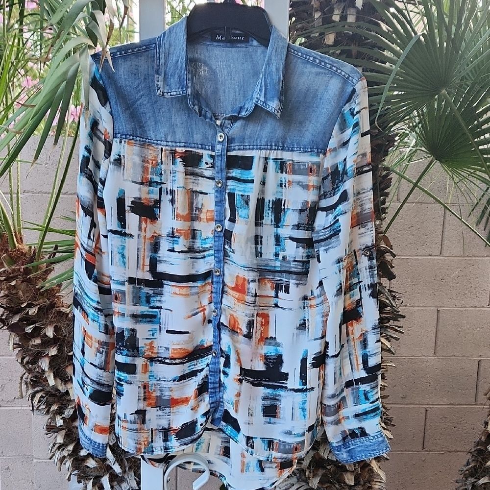 Mechant Blue Denim Look Long Sleeve Blouse Womens Medium
